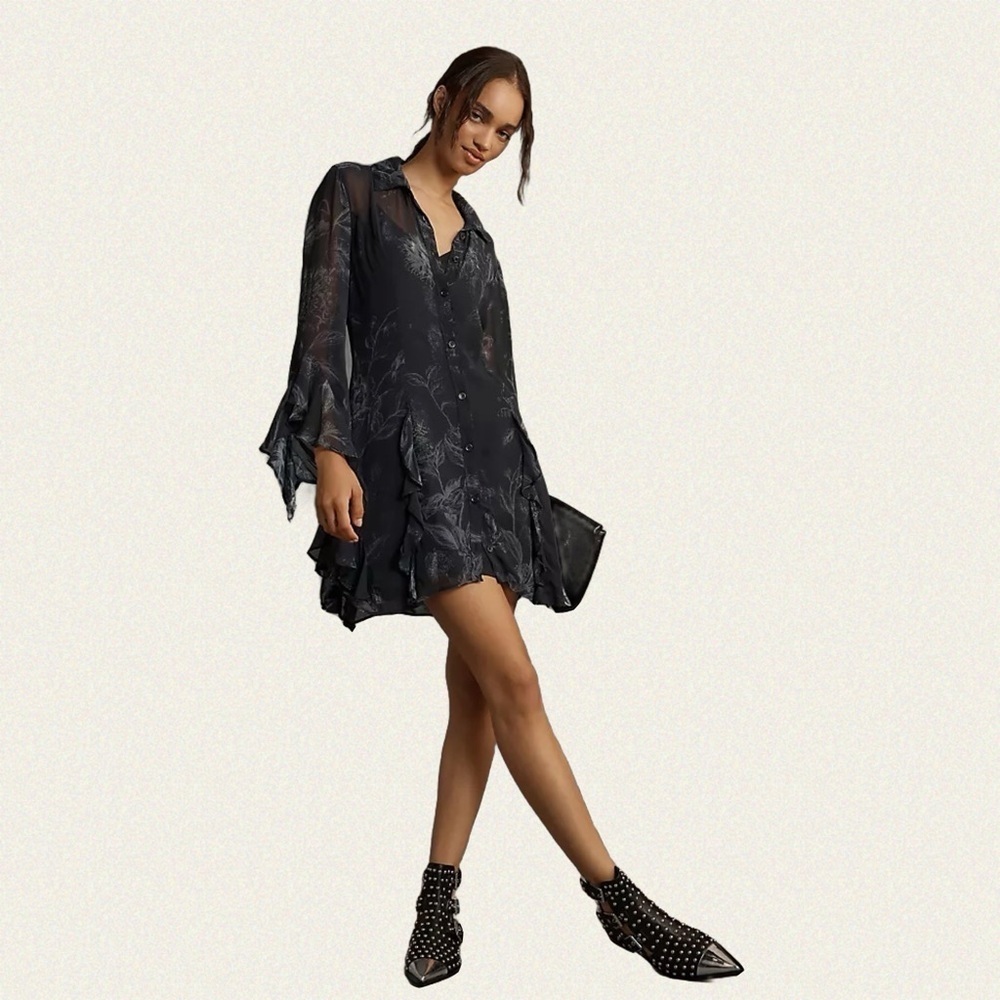 Anthropologie Long-Sleeve V-Neck Sheer Mini Dress